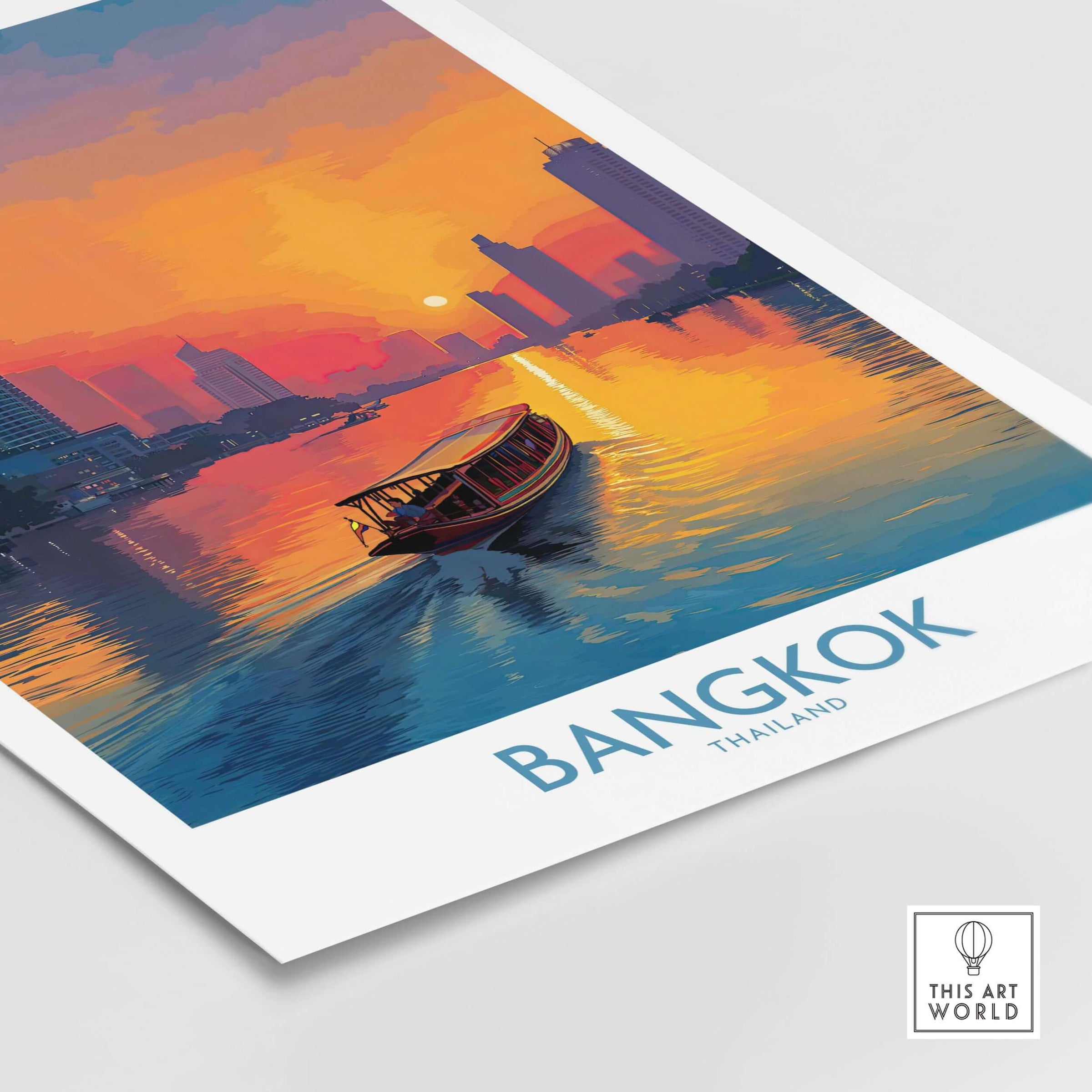 Bangkok Wall Art Thailand Golden Hour - Thai River Travel Scene showcasing a vibrant sunset over the river with a boat.