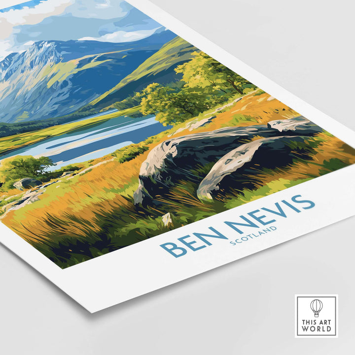 Ben Nevis poster featuring scenic Scotland landscape with mountains, lake, and vibrant greenery, perfect for travel decor.