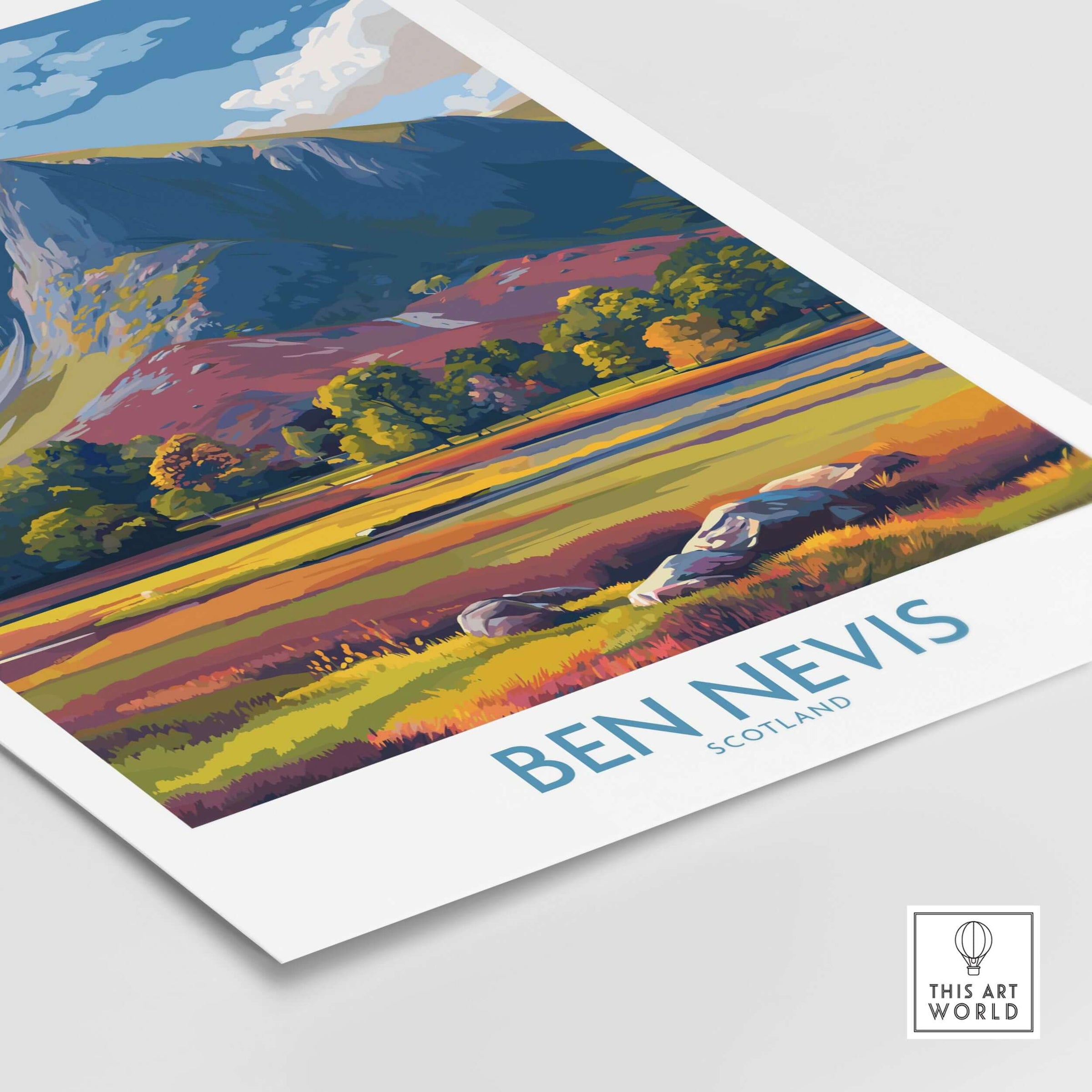 Ben Nevis Wall Art Scotland Highland Landscape - Autumn Foliage Travel Decor featuring vibrant scenery and colorful foliage.