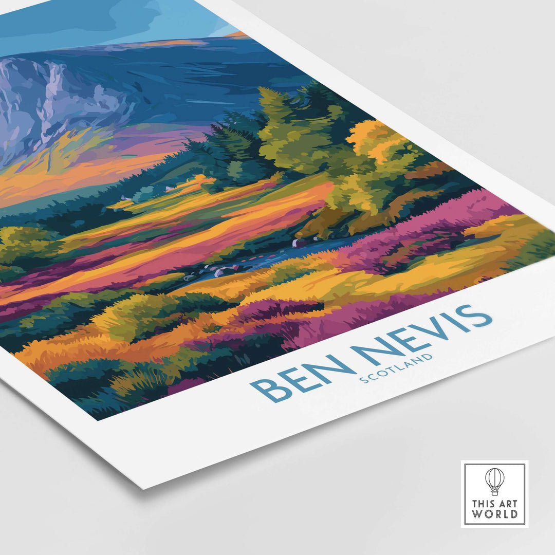 Vibrant illustration of Ben Nevis in Scotland showcasing colorful heather fields and scenic peaks.