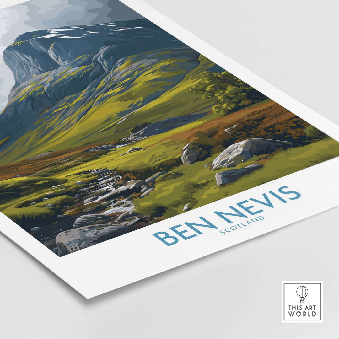 Ben Nevis Scotland panoramic wall art featuring lush hills and rocky terrain; perfect for nature and travel decor.