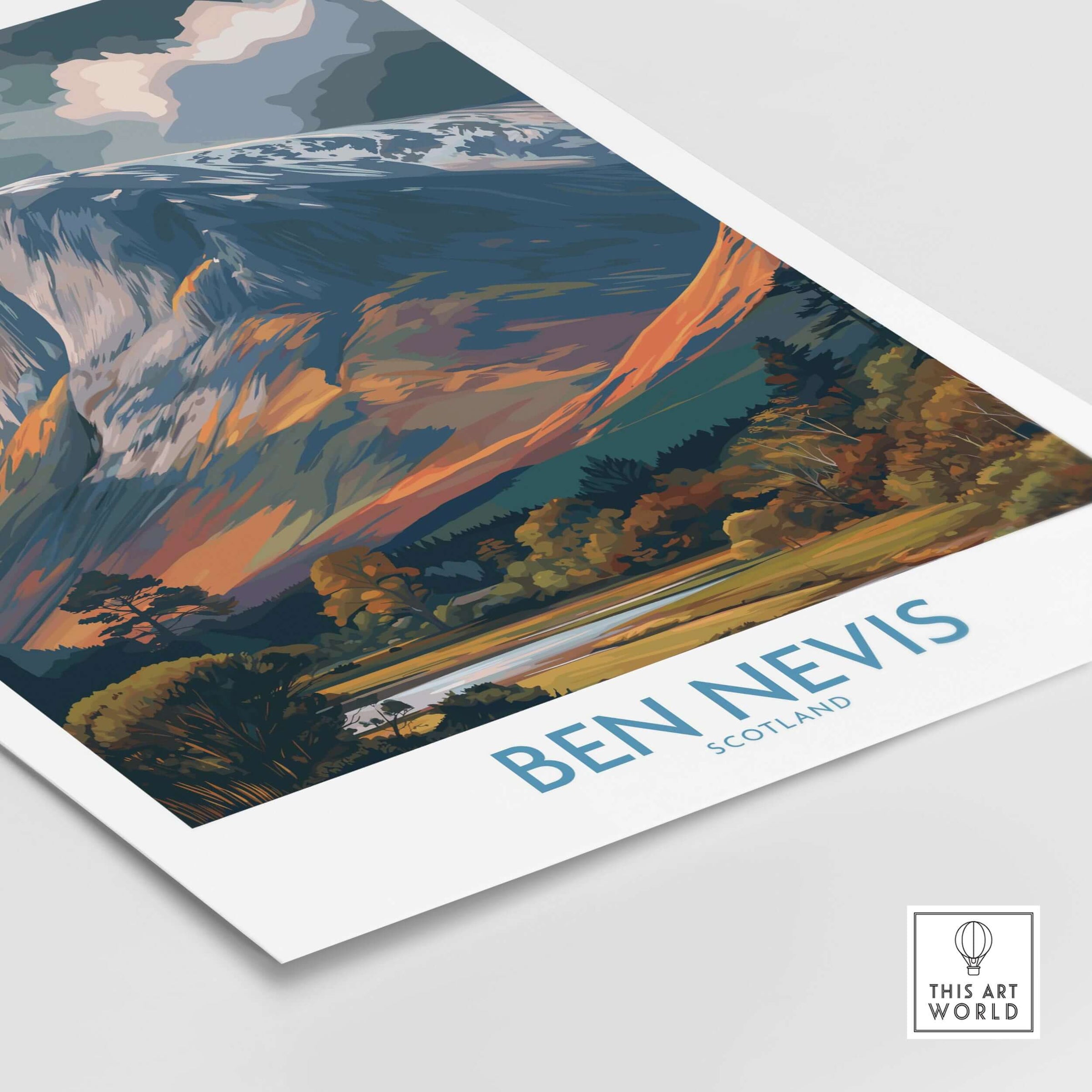 Ben Nevis Scotland Cloudy Peak Landscape Print - Scottish Artwork Gift showcasing the dramatic scenery of Ben Nevis.