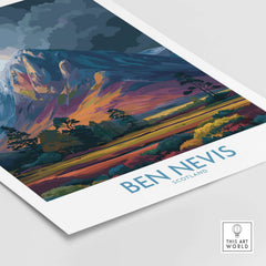 Ben Nevis Wall Art Scotland Moody Skies - Scottish Highlands Travel Poster featuring a vibrant mountain scene.
