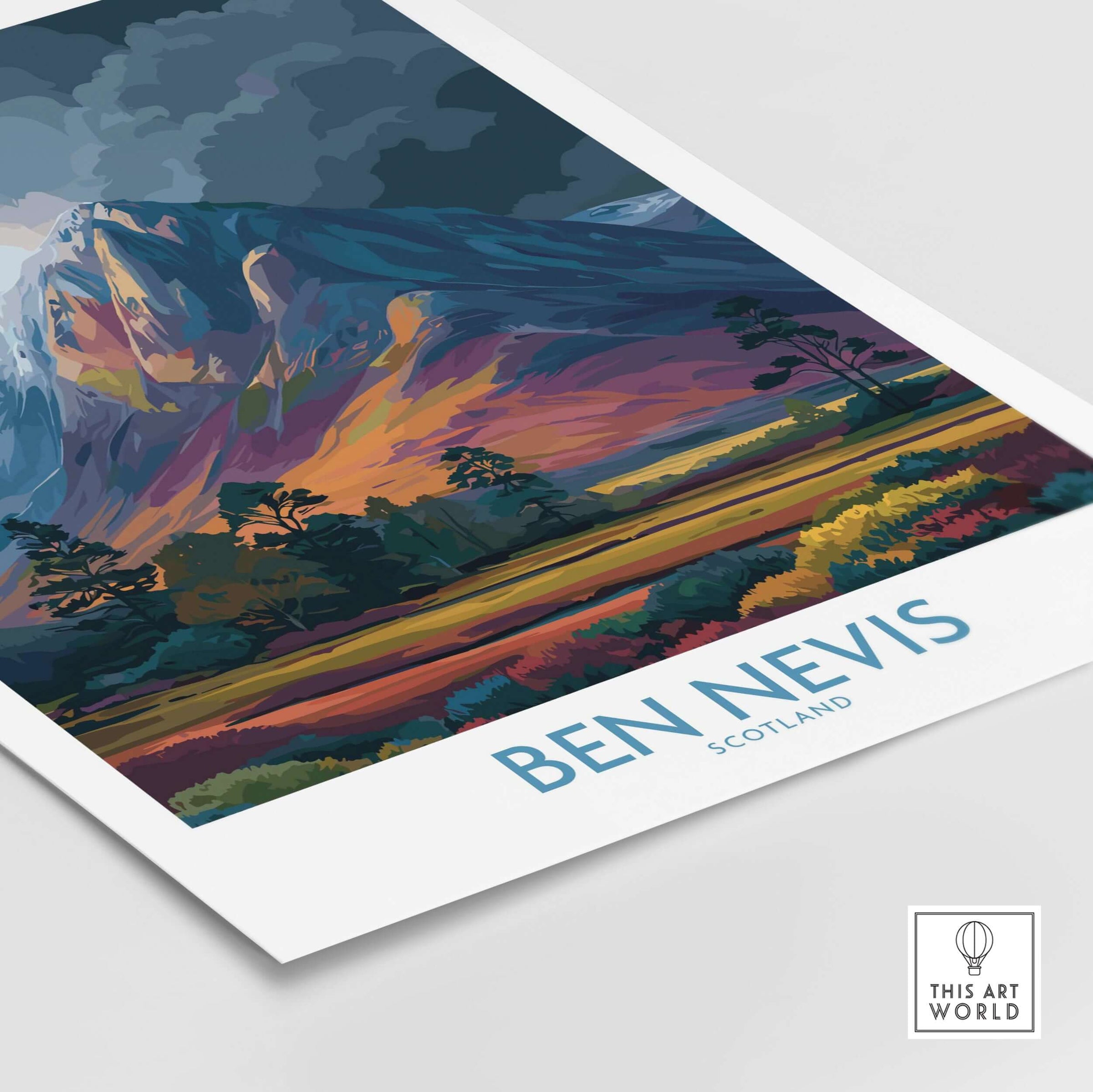 Ben Nevis Wall Art Scotland Moody Skies - Scottish Highlands Travel Poster featuring a vibrant mountain scene.