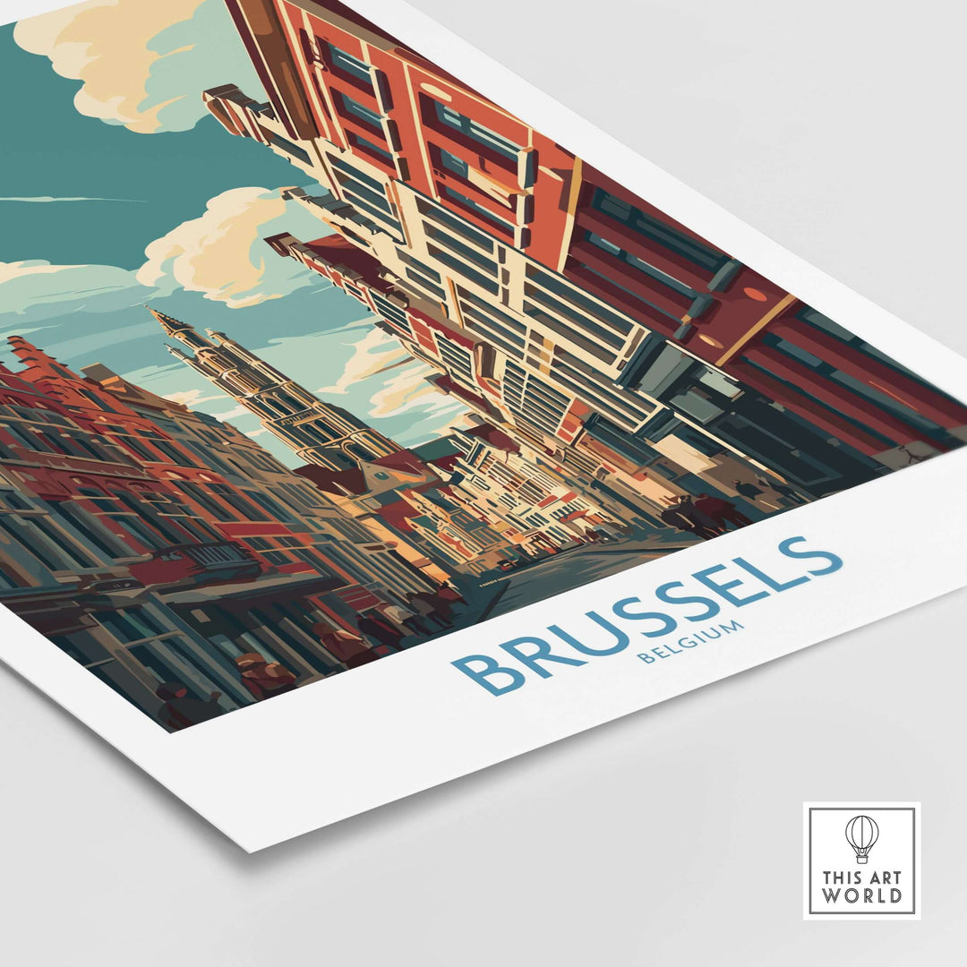 Brussels Belgium Gothic architecture print showing colorful buildings and iconic landmarks in a travel poster design.