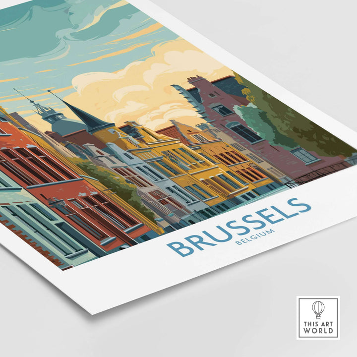 Brussels Belgium travel poster featuring vibrant city architecture and colorful buildings.