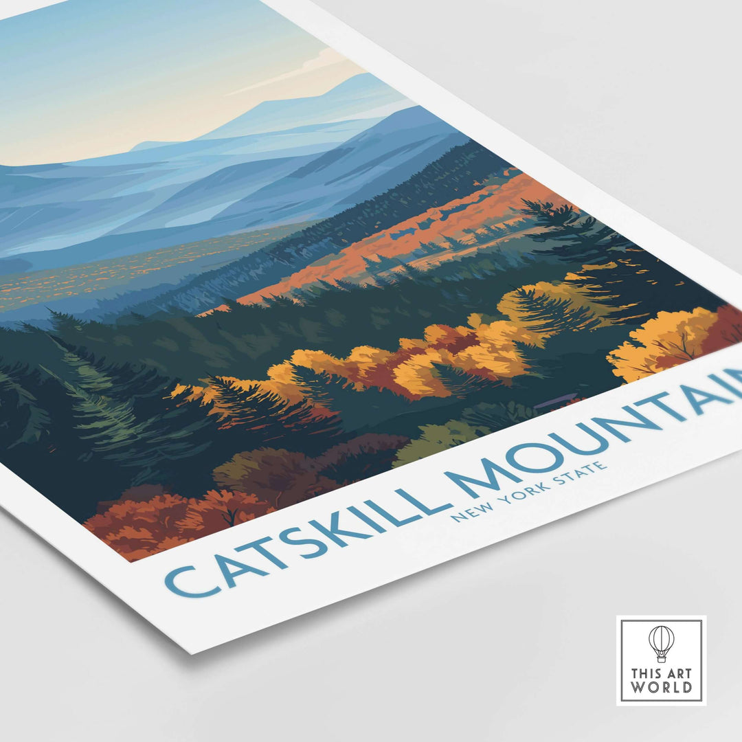 Catskill Mountains New York Fall Poster featuring autumn foliage and serene landscape in soft hues.