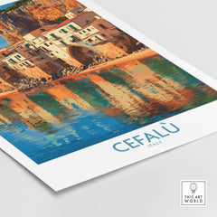 Cefalù Italy Mediterranean Beach Poster - Historic Seaside Travel Print with vibrant coastline reflections.