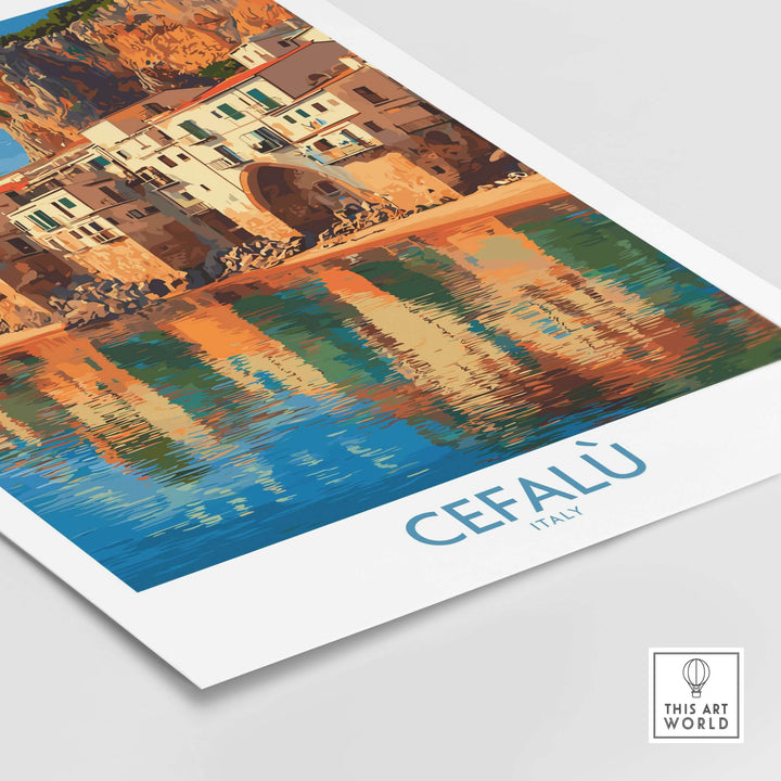 Cefalù Italy Mediterranean beach poster showcasing historic seaside architecture and coastal reflections.