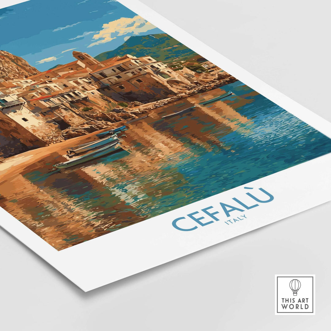 Cefalù Italy wall art featuring colorful buildings and coastal views, perfect for home decor.