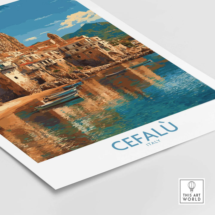 Cefalù Italy wall art featuring colorful buildings and coastal views, perfect for home decor.