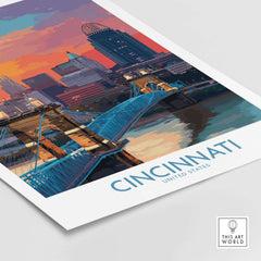 Cincinnati Ohio Downtown Cityscape Print - Ohio Travel Decor showcasing bridge and skyline in vibrant colors.