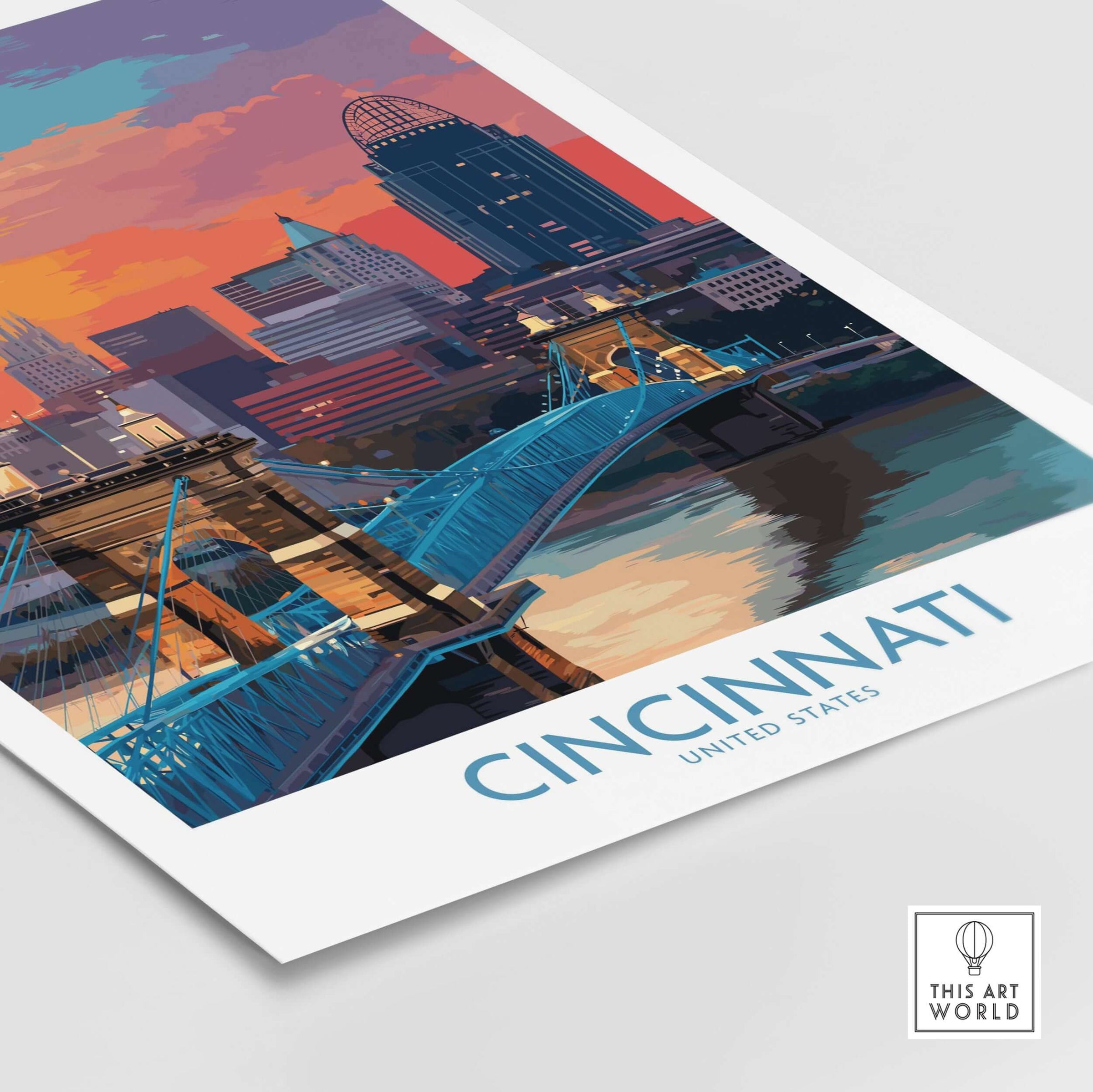 Cincinnati Ohio Downtown Cityscape Print - Ohio Travel Decor showcasing bridge and skyline in vibrant colors.