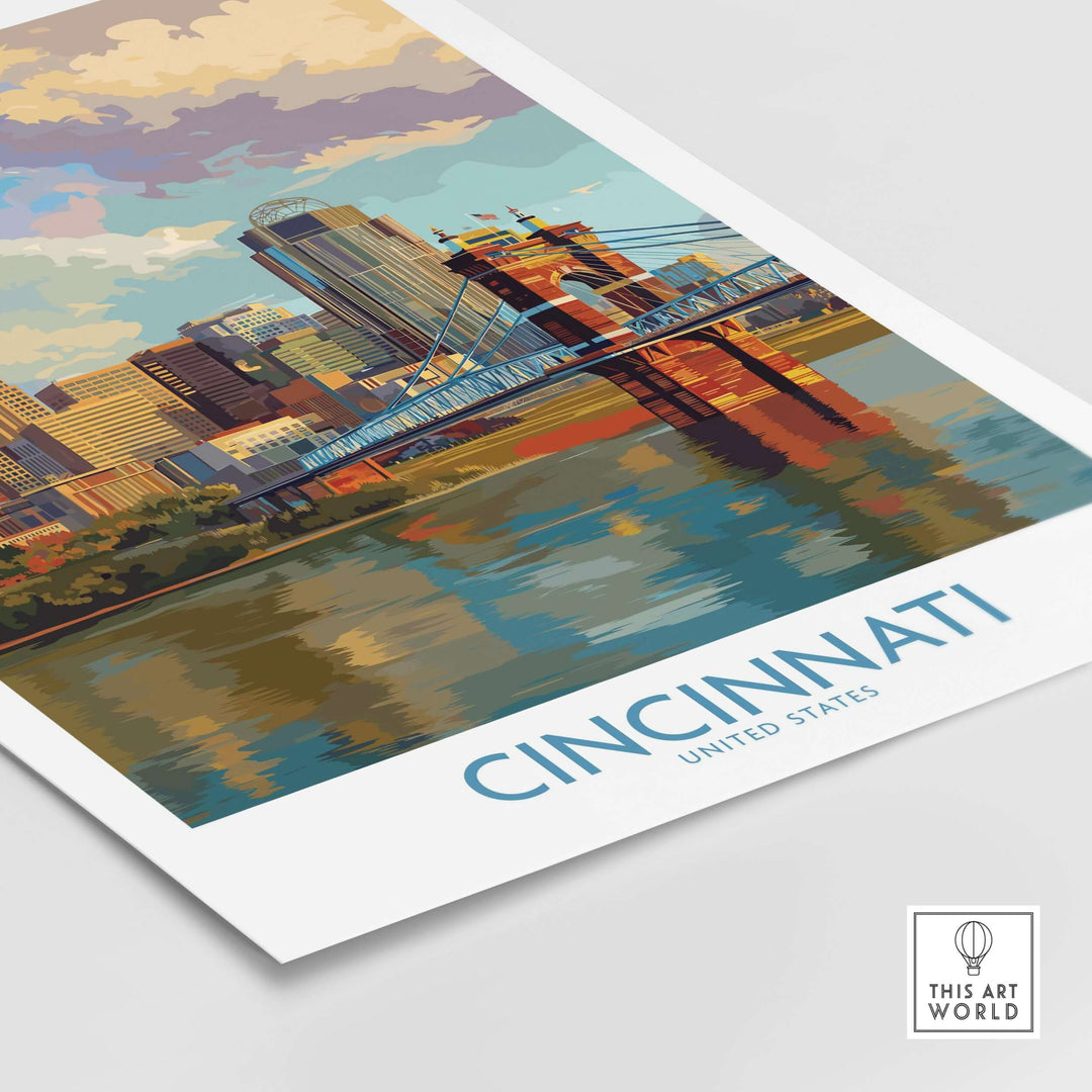 Cincinnati Riverfront Cityscape Poster showcasing vibrant Ohio skyline with bridge and river.