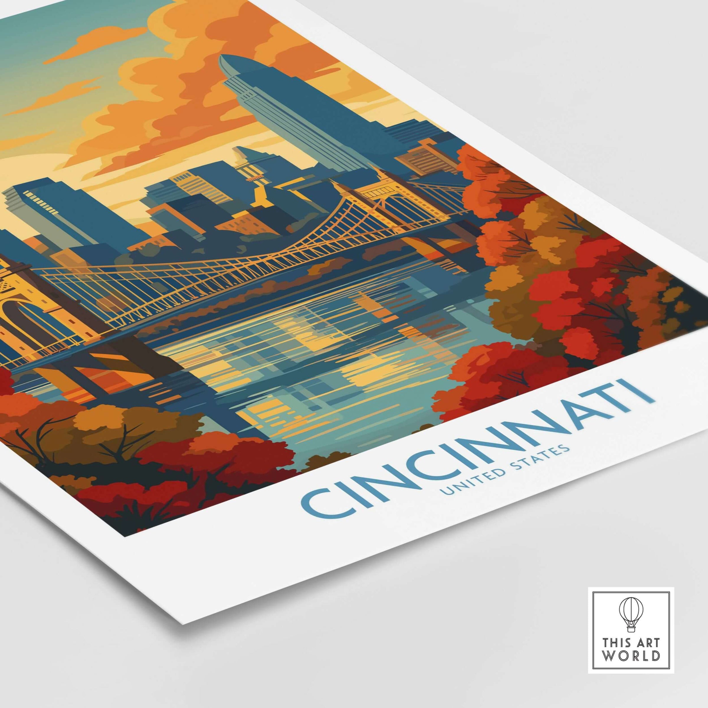 Cincinnati Skyline Print - Ohio Autumn Cityscape Decor showcasing autumn colors and city reflections.