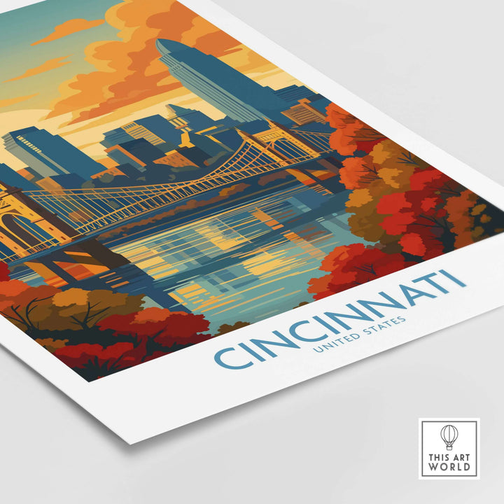 Cincinnati skyline print showcasing autumn cityscape in vibrant colors, reflecting on water.