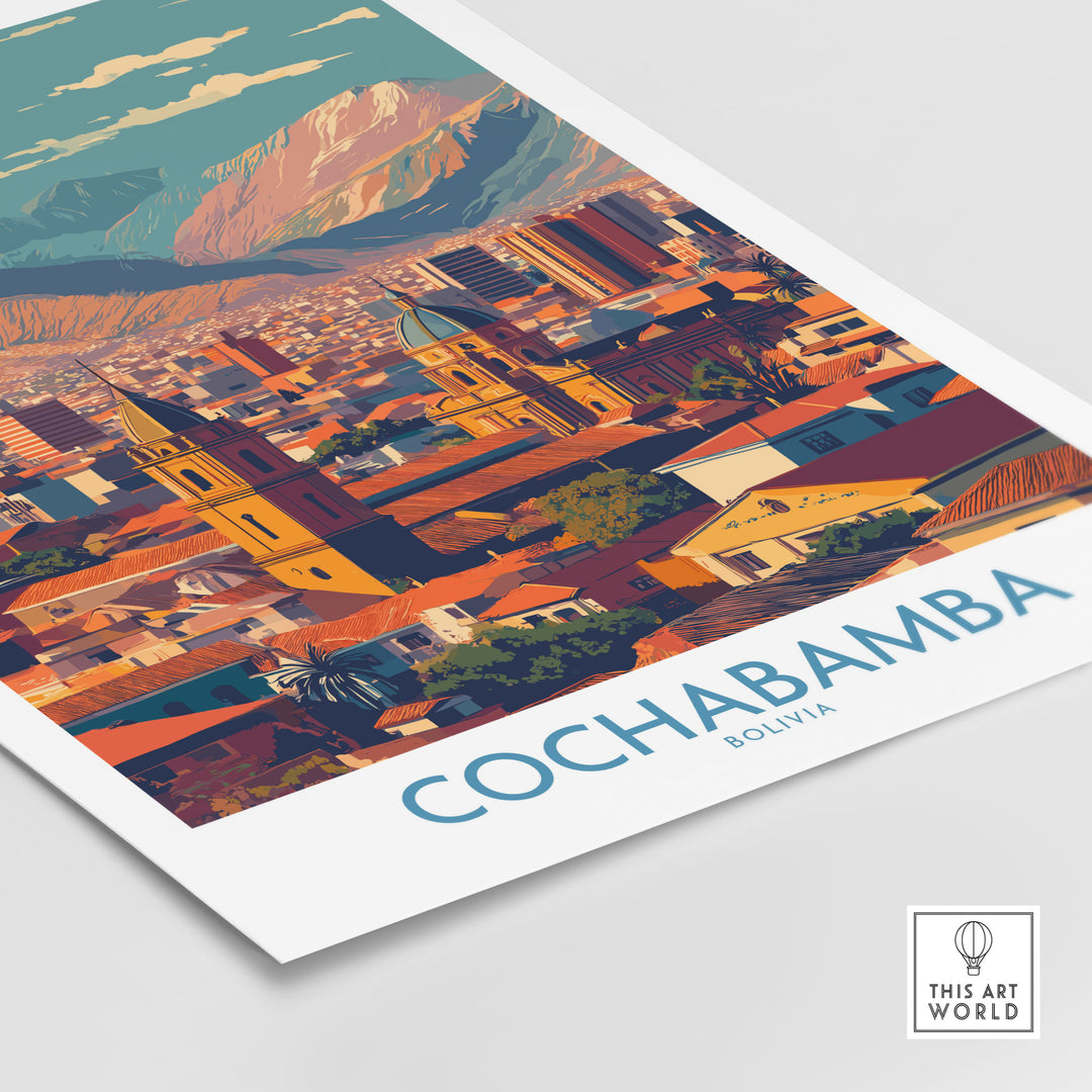 Cochabamba Bolivia wall art print showcasing urban cityscape with mountains, vibrant colors, and architectural details.