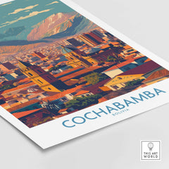 Cochabamba Bolivia Downtown Bolivia Wall Art - City & Mountain View Print featuring vibrant cityscape and majestic mountains.