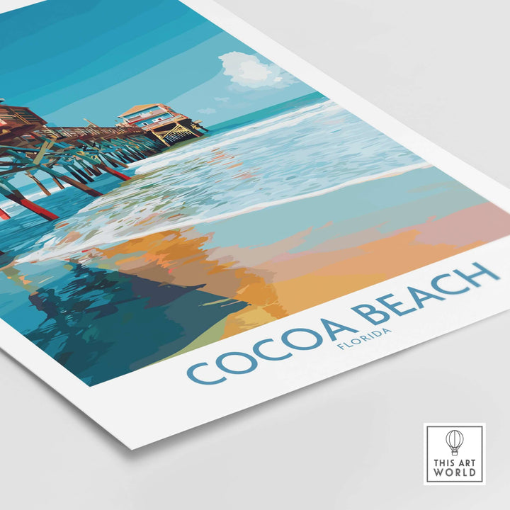 Cocoa Beach Pier poster featuring vibrant colors and ocean waves, perfect for Florida beach travel decor.