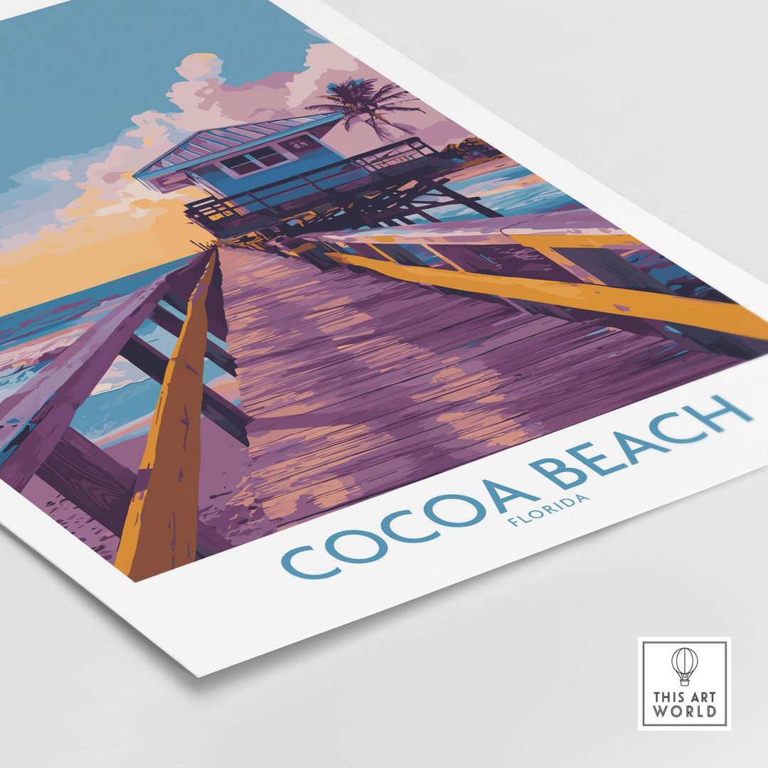 Cocoa Beach Florida Wooden Pier poster featuring vibrant sunset colors and serene ocean view.
