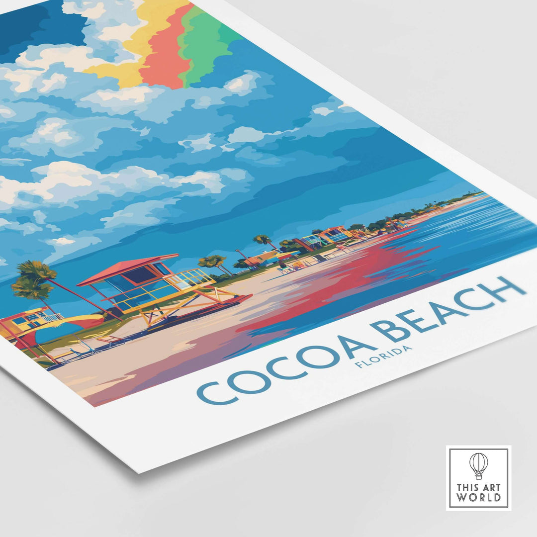 Cocoa Beach Rainbow Cloud Poster featuring vibrant colors and coastal scenery, perfect for Florida travel decor.