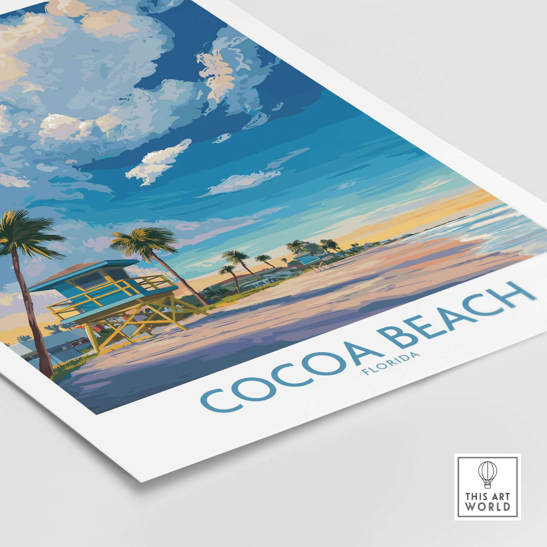 Cocoa Beach Florida oceanfront landscape print featuring a lifeguard tower and serene beach scenery.
