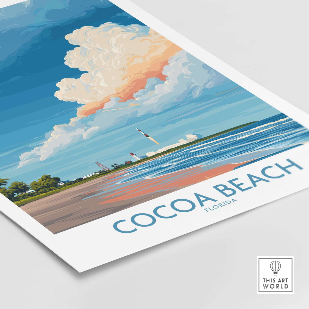 Cocoa Beach Kennedy Space Center Poster showcasing scenic beach view and launch pad, perfect for Florida wall art decor.