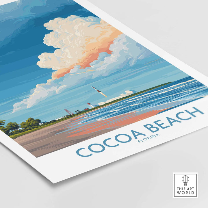 Cocoa Beach Kennedy Space Center Poster showcasing scenic beach view and launch pad, perfect for Florida wall art decor.