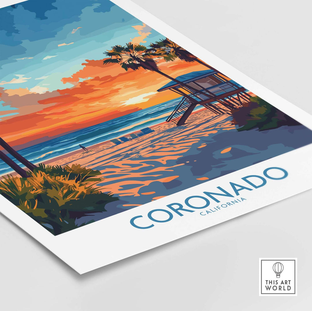 Vibrant Coronado Print capturing a California beach sunset with palm trees and lifeguard tower, perfect for home decor.