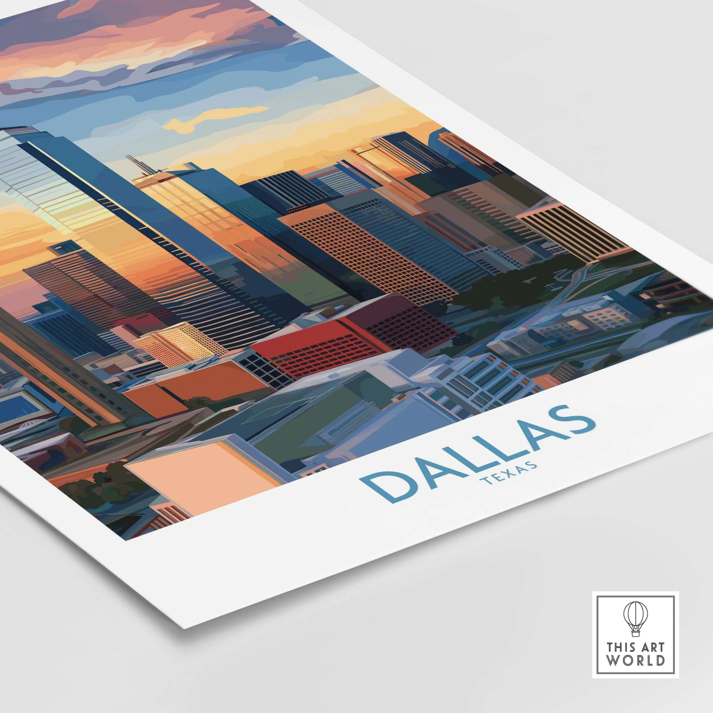 Dallas Texas Sunset Wall Art - Modern City Travel Decor featuring a vibrant skyline at dusk.