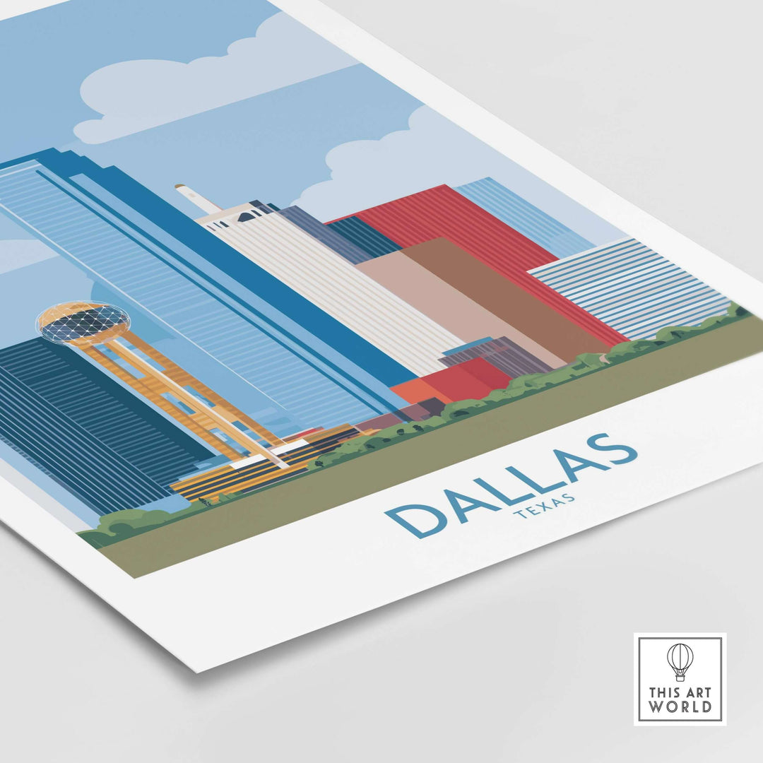 Dallas cityscape poster featuring vibrant skyline and iconic buildings in Texas, perfect for urban decor.
