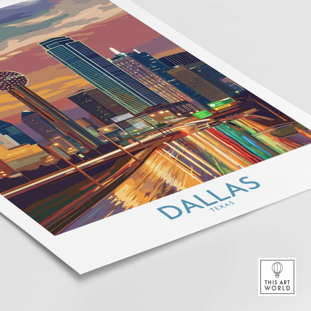 Dallas Downtown at dusk wall art showcasing the vibrant skyline and colorful reflections, Texas urban decor.