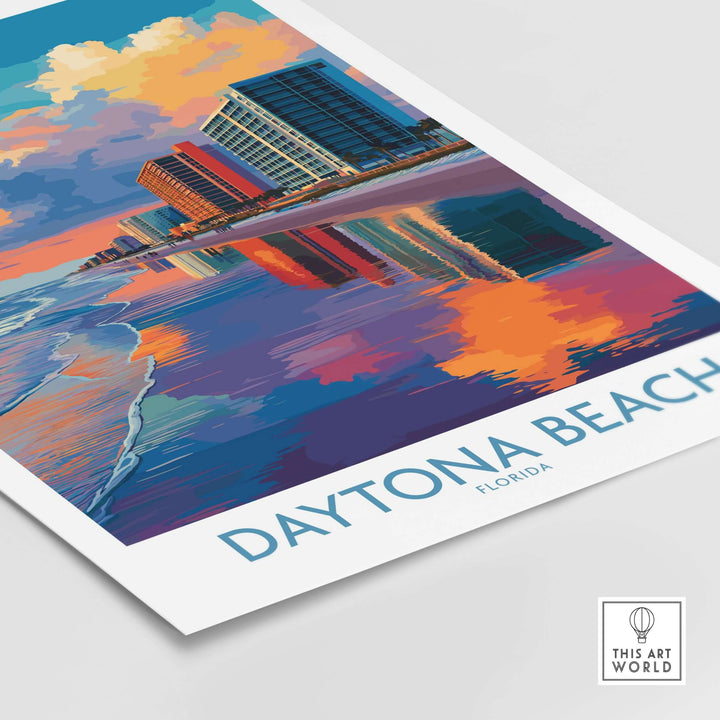 Daytona Beach Florida Oceanfront Reflections Poster showcasing vibrant colors and serene coastal scenery.