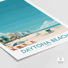 Daytona Beach Tropical Beachfront Poster - Florida Vacation Decor featuring scenic beach views and bright blue skies.