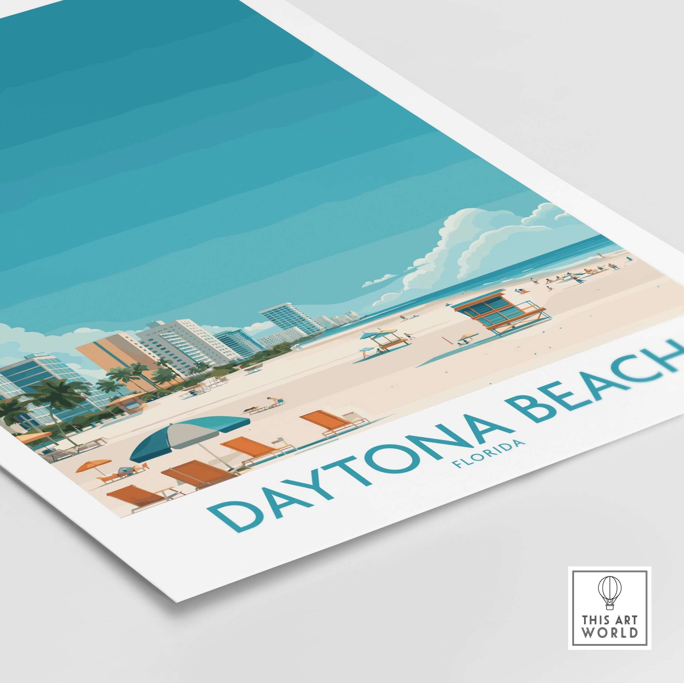 Daytona Beach Tropical Beachfront Poster - Florida Vacation Decor featuring scenic beach views and bright blue skies.