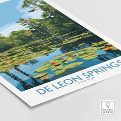 De Leon Springs Florida Green Lily Pond Poster - Florida State Park Decor showcasing serene pond and vibrant greenery.