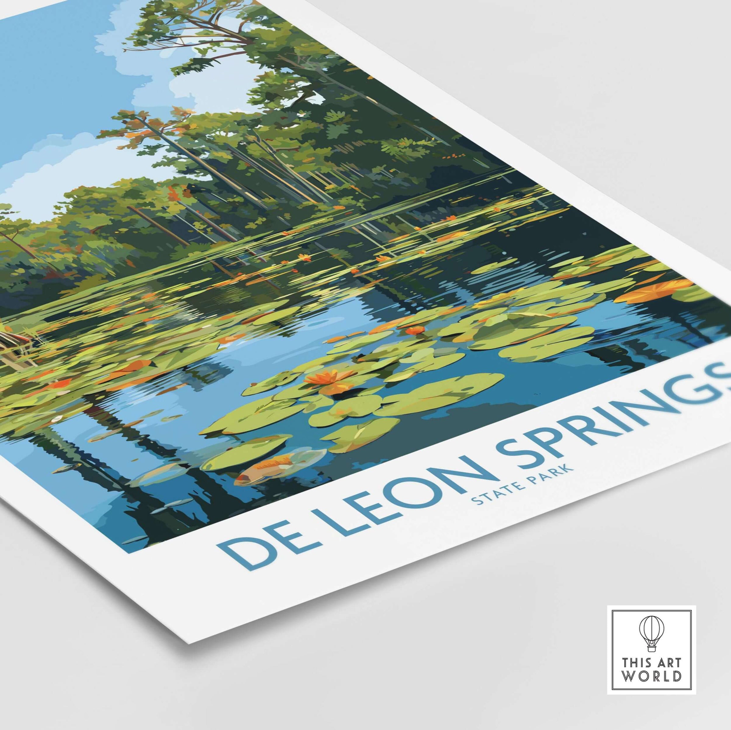 De Leon Springs Florida Green Lily Pond Poster - Florida State Park Decor showcasing serene pond and vibrant greenery.