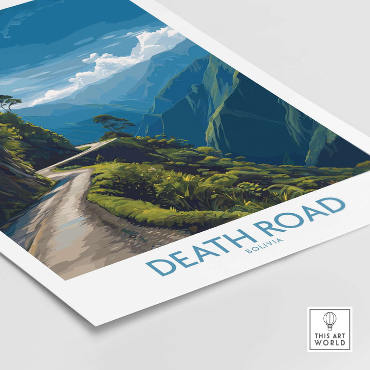 Death Road Bolivia Mountain Art Print | Yungas Camino Poster showcasing a vivid landscape of Bolivia's famous Death Road.