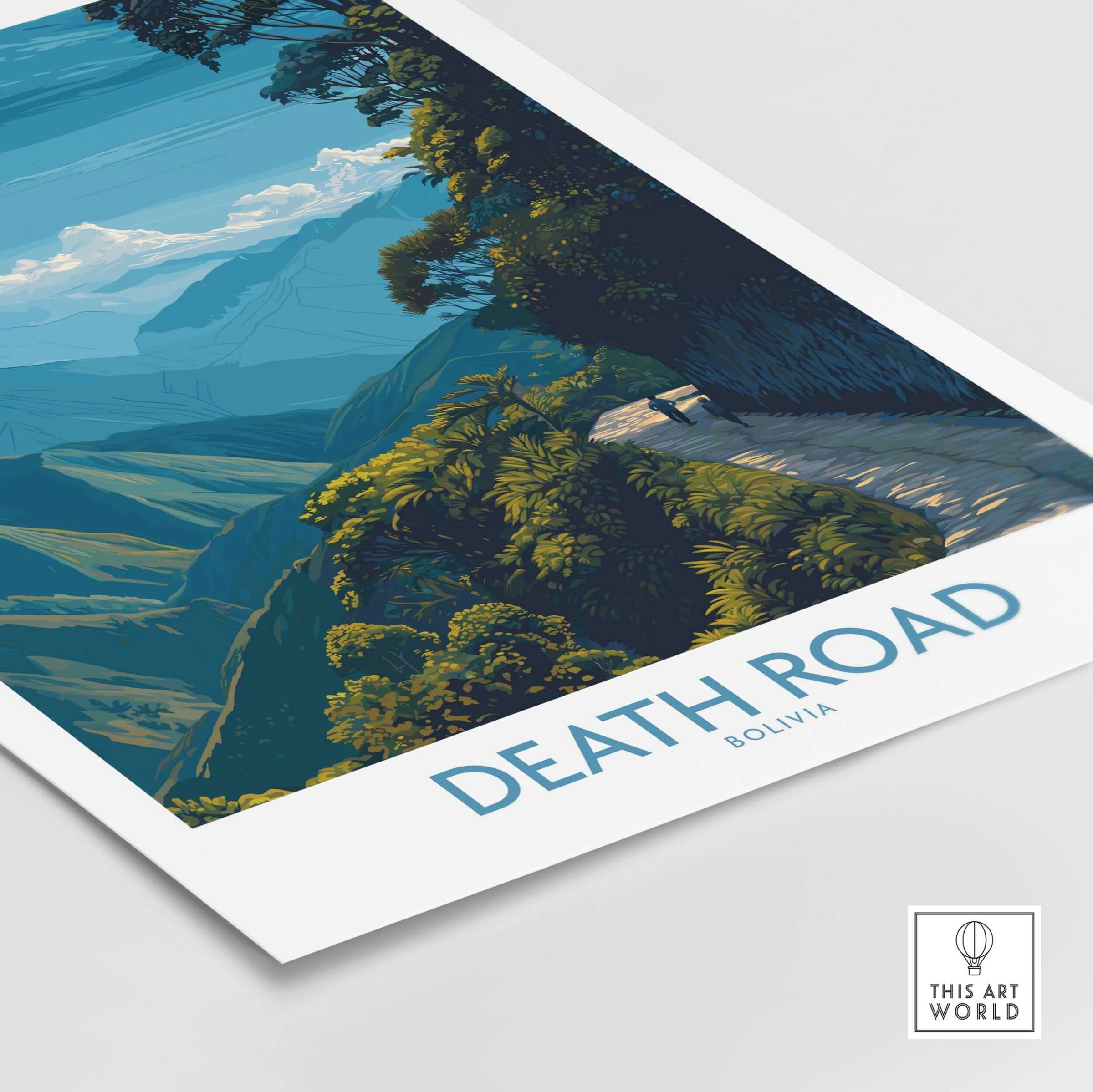 Death Road Bolivia Hiking Trail Art Print | Camino de la Mortes Poster showcasing lush landscapes and dramatic views.