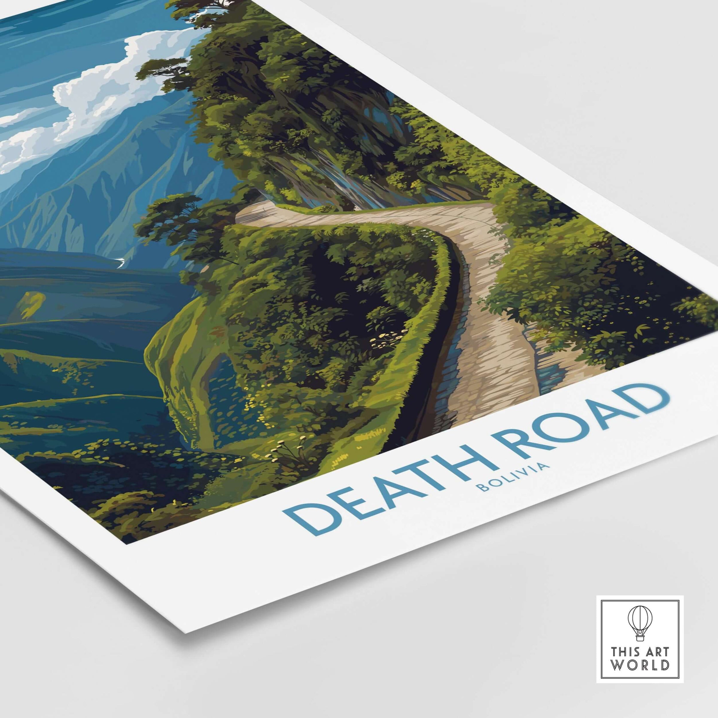 Death Road Bolivia Art Print | Yungas Road Poster featuring a scenic view of the winding road through lush mountains.