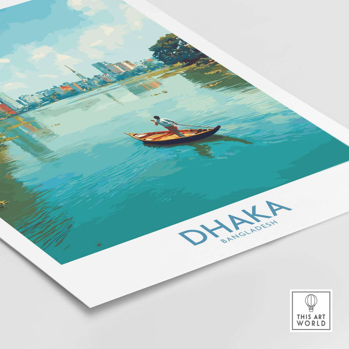 Illustration of a boat on the Buriganga River in Dhaka, Bangladesh, showcasing cityscape art decor.