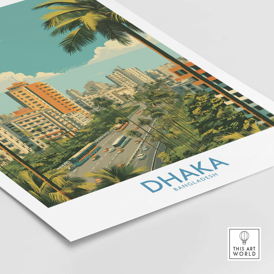 Vibrant Dhaka cityscape artwork featuring urban buildings and palm trees in Bangladesh.