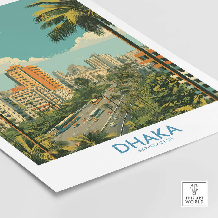 Vibrant Dhaka cityscape artwork featuring urban buildings and palm trees in Bangladesh.