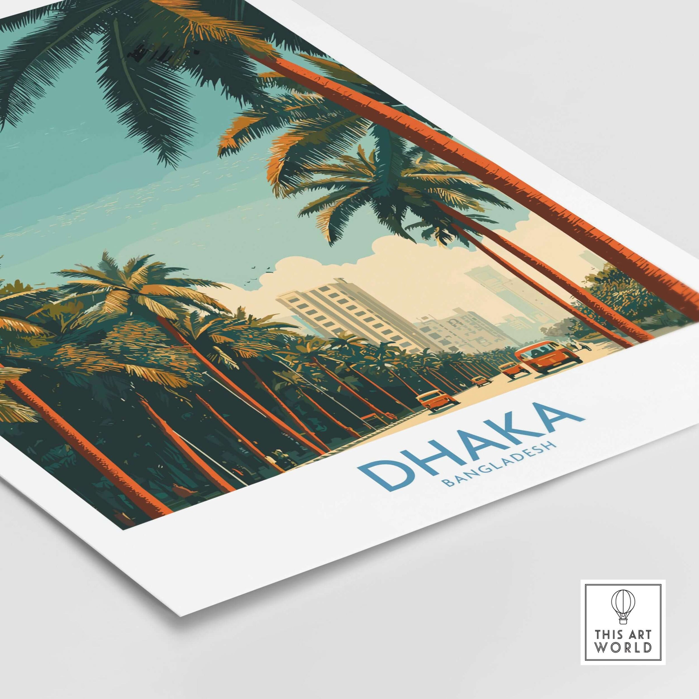 Dhaka Bangladesh Poster - Bangladeshi Travel Scene showcasing palm-lined streets and vibrant city life.