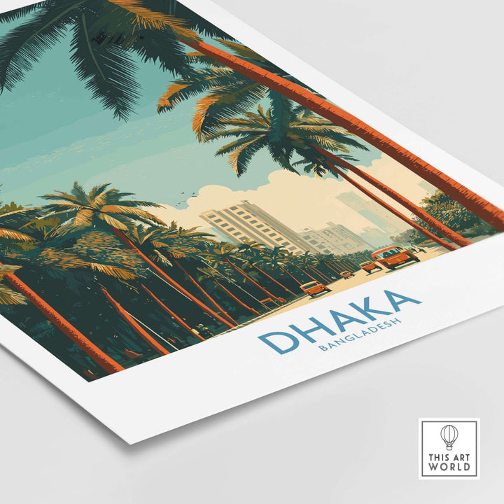 Dhaka Bangladesh poster featuring palm trees and vibrant city life, perfect for home décor and travel enthusiasts.