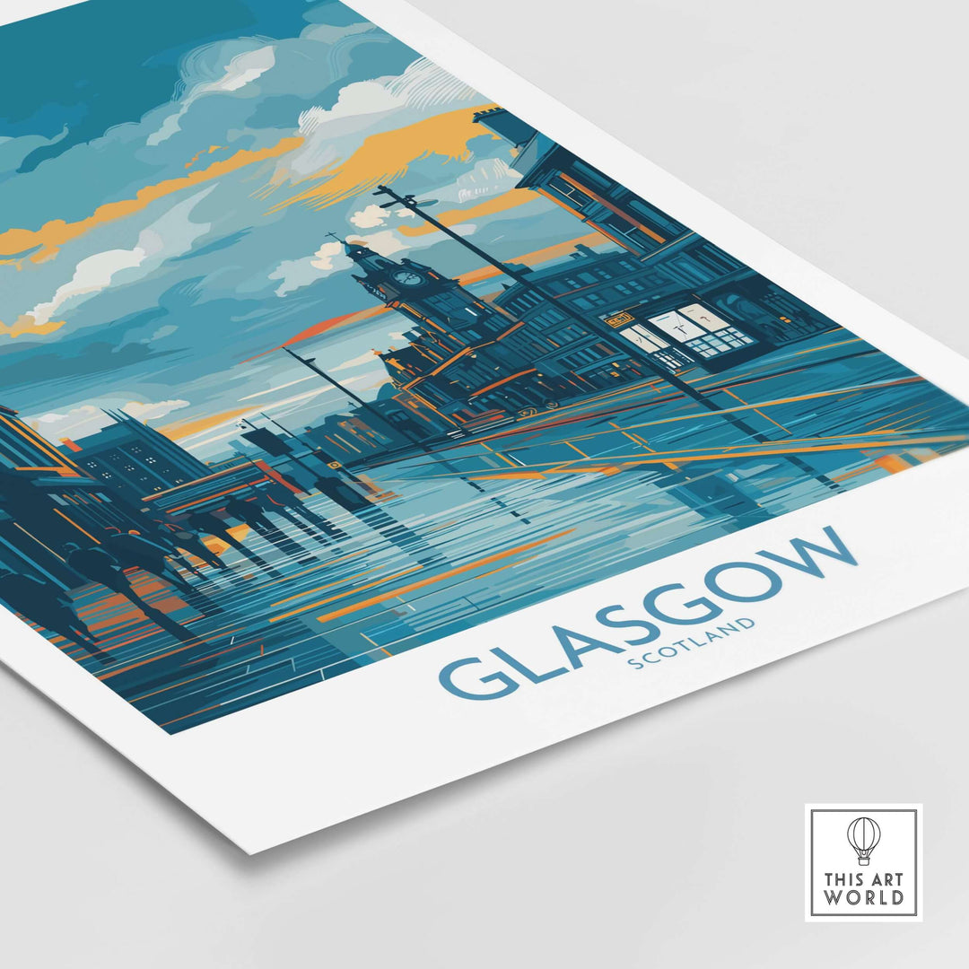 Glasgow Clock Tower poster featuring a vibrant cityscape of Scotland with a colorful urban backdrop.