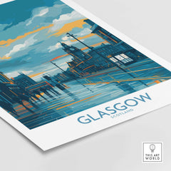 Glasgow Clock Tower Cityscape Poster - Scottish Travel Decor showcasing a vibrant urban landscape.