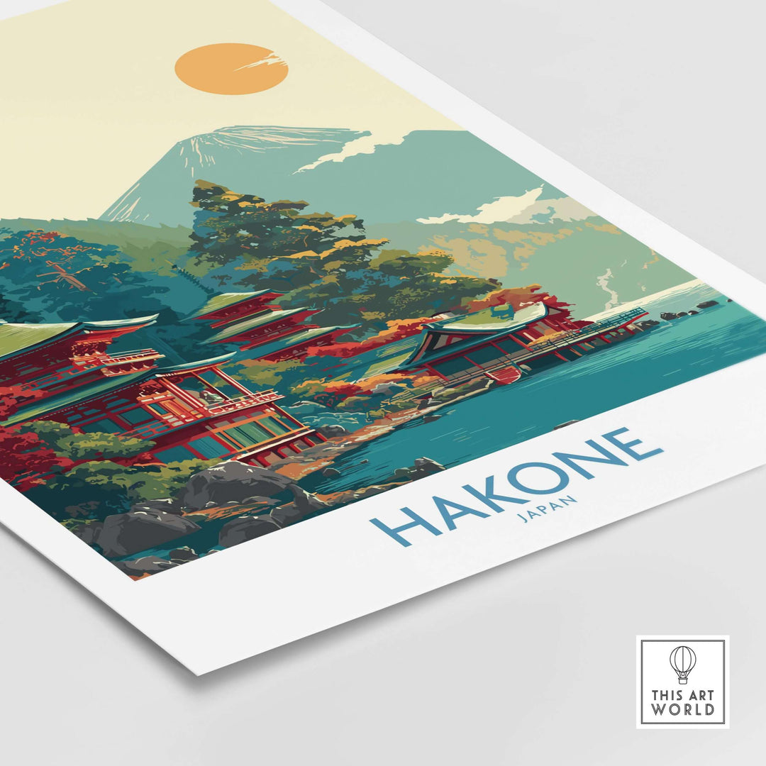 Hakone Japan Lake Ashi temple print featuring a traditional pagoda and serene landscape.