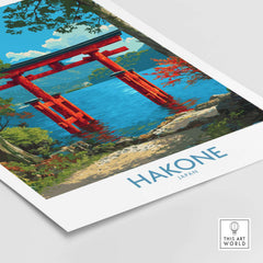 Hakone Japan Iconic Torii Print - Japanese Scenic Landscape Decor featuring a vibrant red Torii gate by the water.