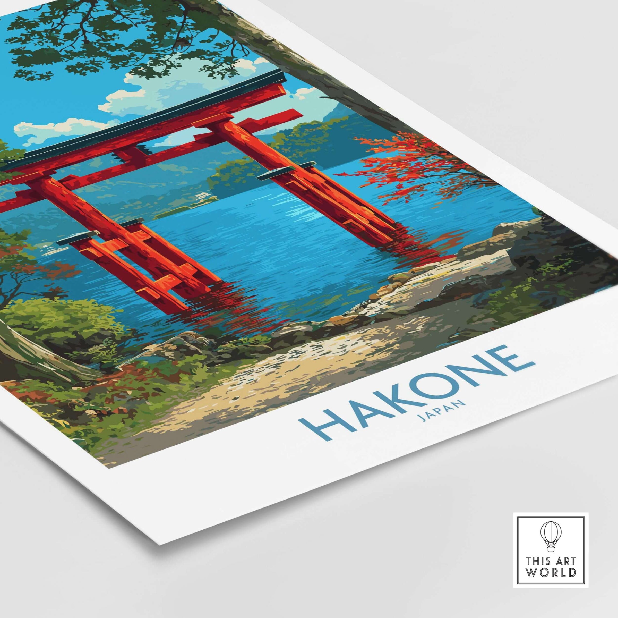 Hakone Japan Iconic Torii Print - Japanese Scenic Landscape Decor featuring a vibrant red Torii gate by the water.